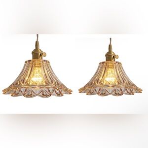 Set of 2 Pendant  Amber Flower Glass Gold Brass Vintage Adjustable  Hanging